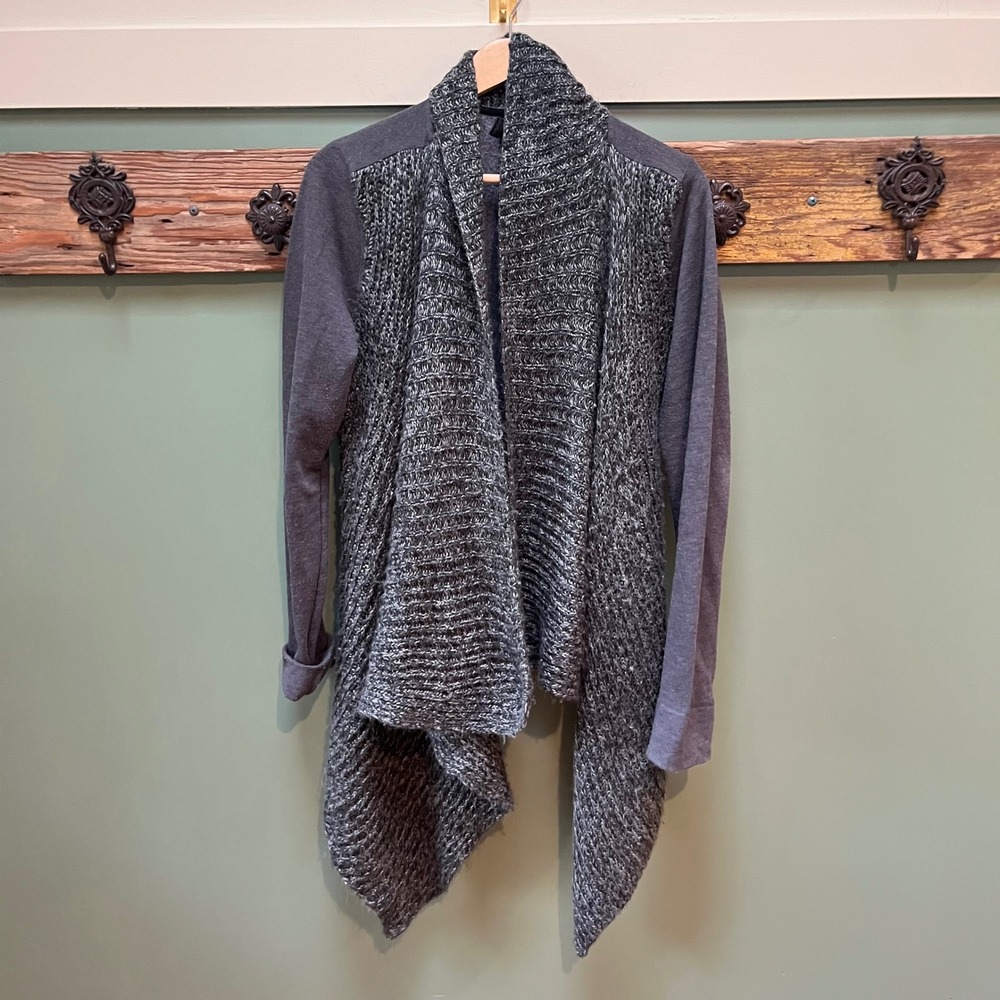 Prana Womens M Charcoal Grey Mixed Media Knit Draped Open Wrap Cardigan Wool